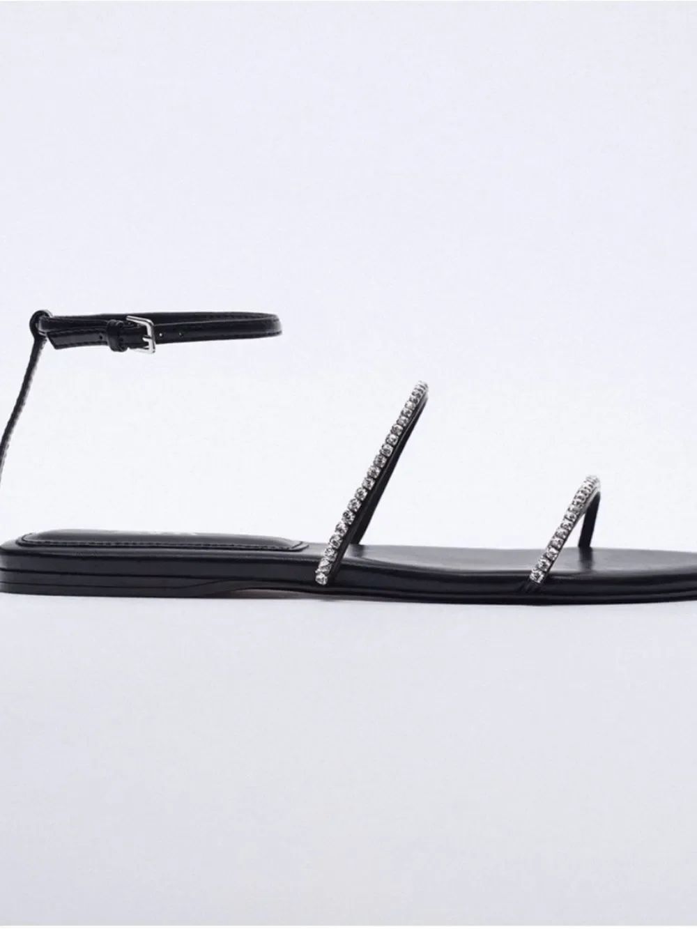 Zara Black Rhinestone Strap Flat Sandal